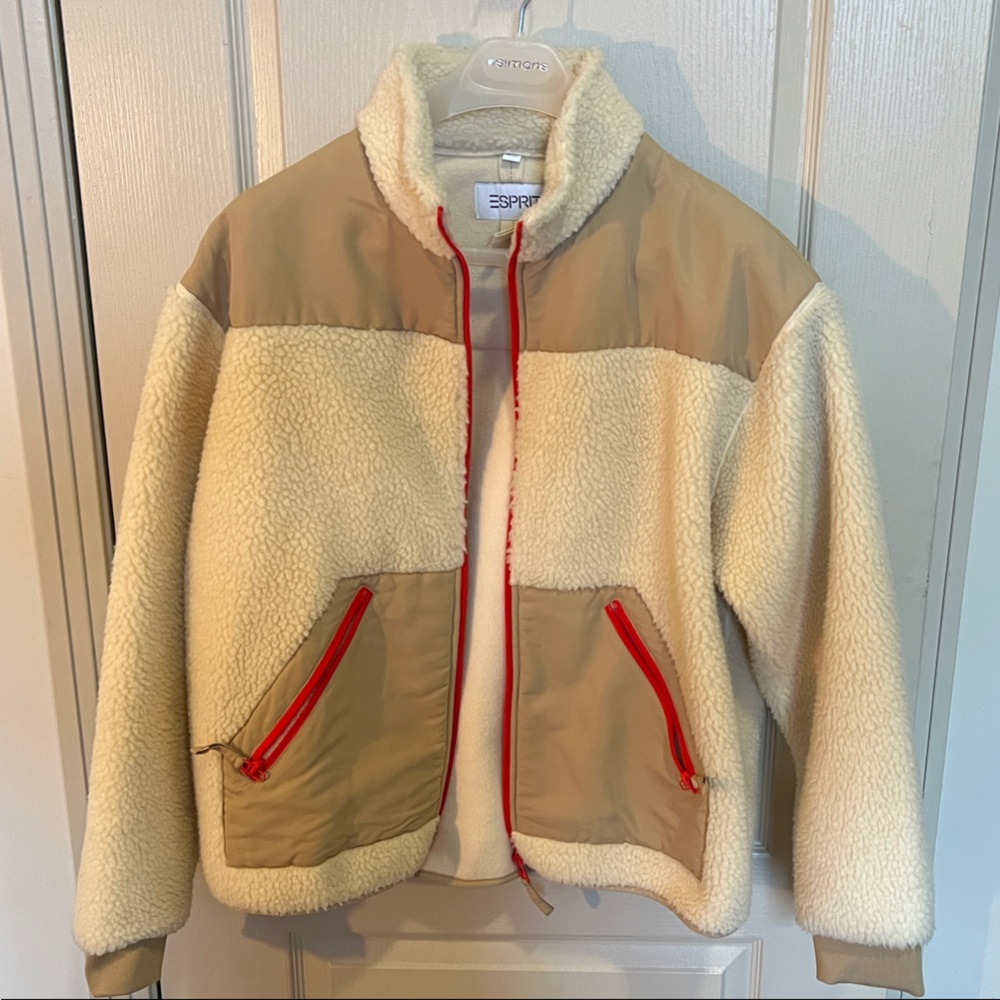 Esprit Cream and Tan Sherpa style Jacket with Red Accents